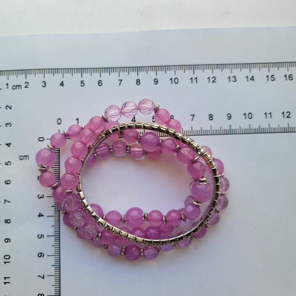Pink Beaded Bracelet Set Stretch Bangle Rhinestone Plastic Fashion Jewelry - Picture 5 of 10